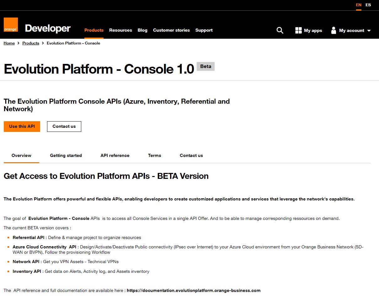 Capture d'écran des Evolution Platform console APIs d'Orange Developer