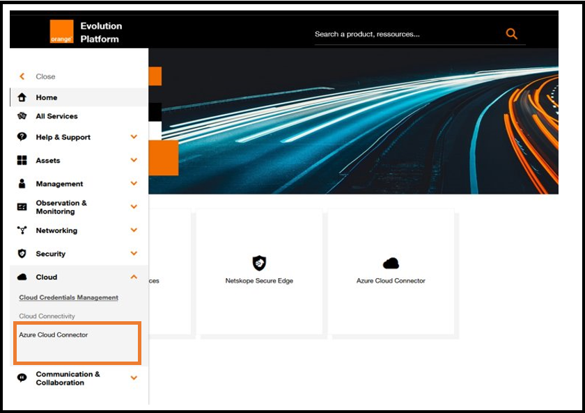 Azure cloud connector selection in lateral menu