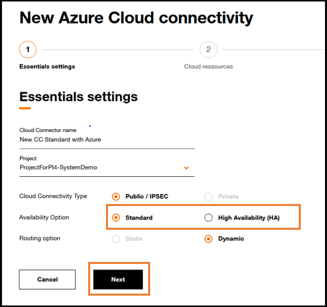 Azure cloud connectivity settings form