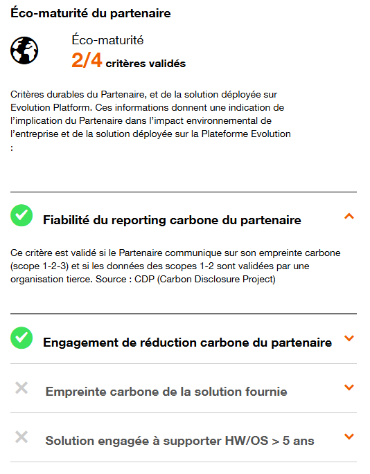 Example de l'affichage de l'Eco-Maturité d'un partenaire sur la Console.