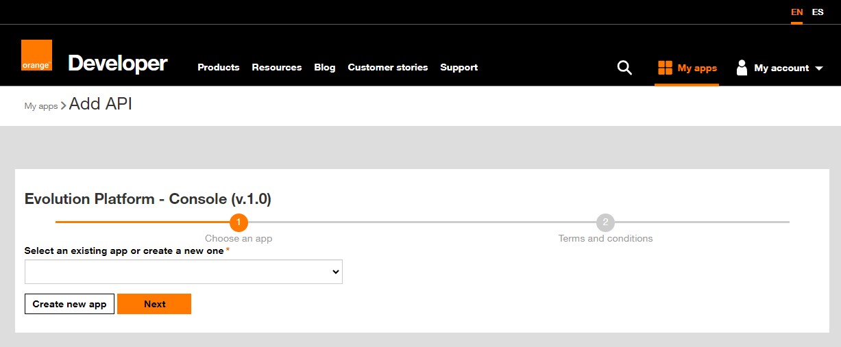 Screenshot of Orange developer - Evolution Platform console - Add API