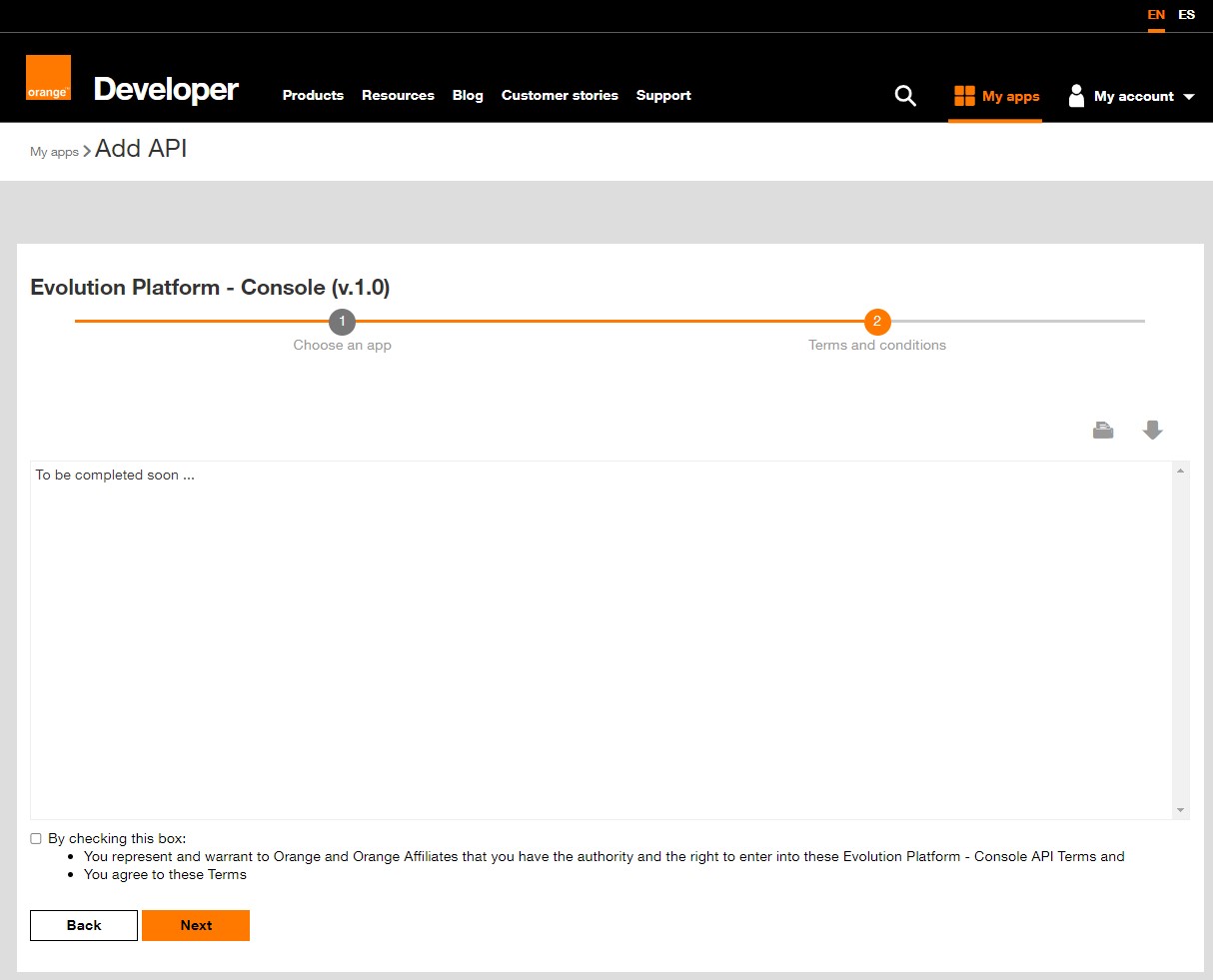 Screenshot of Orange Developer - Terms and conditions