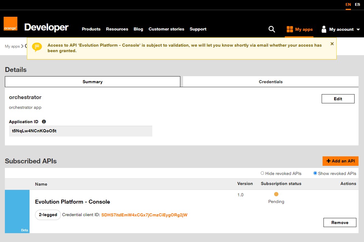 Screenshot of Orange Developer - Subscription in pending state