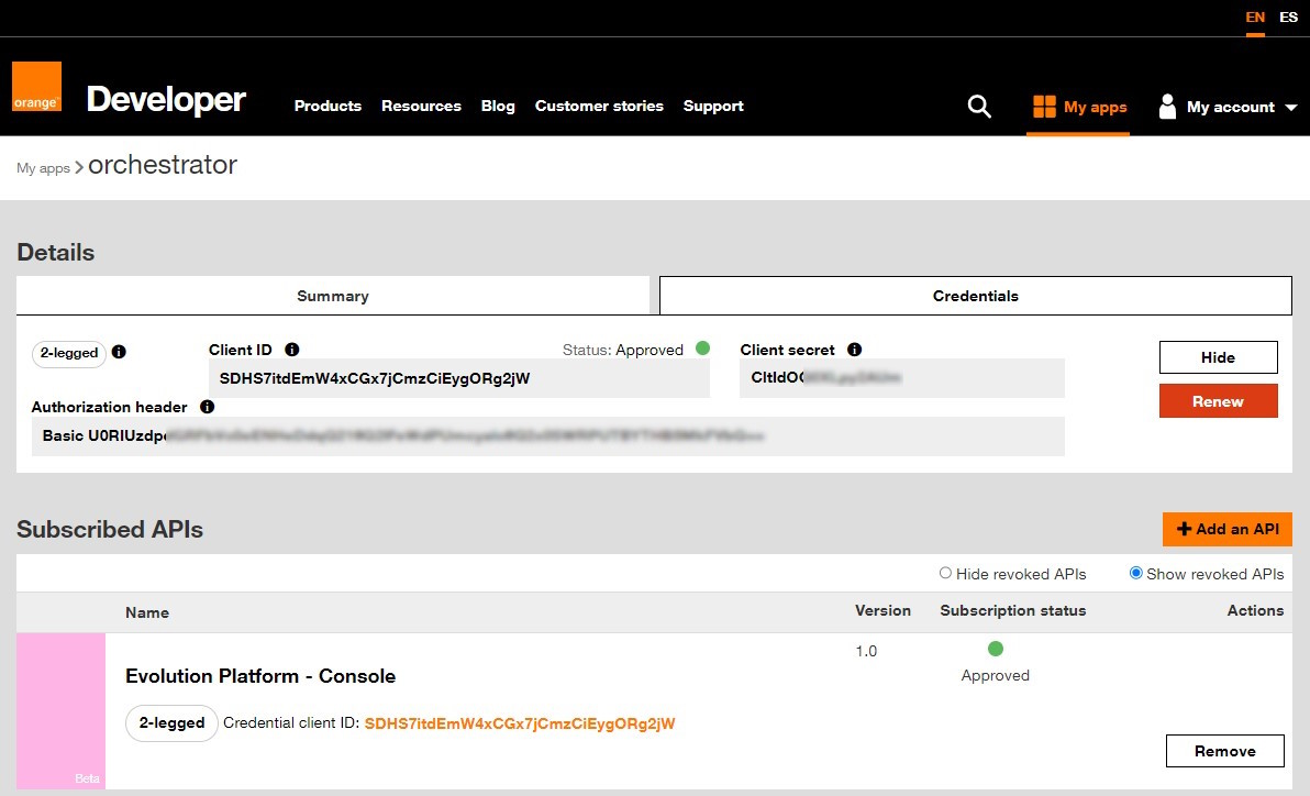 Screenshot of Orange Developer - Credentials tab with client secret revelead