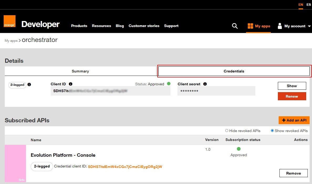 Screenshot of Orange Developer - Credentials tab