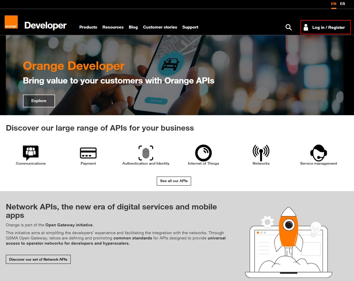 Screenshot of Orange developer home page