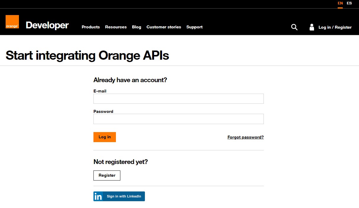 Screenshot of Orange developer login/registed page