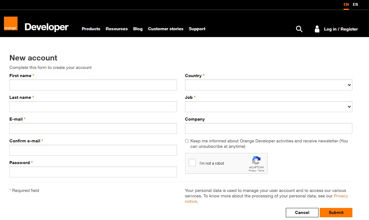 Screenshot of Orange developer New account page