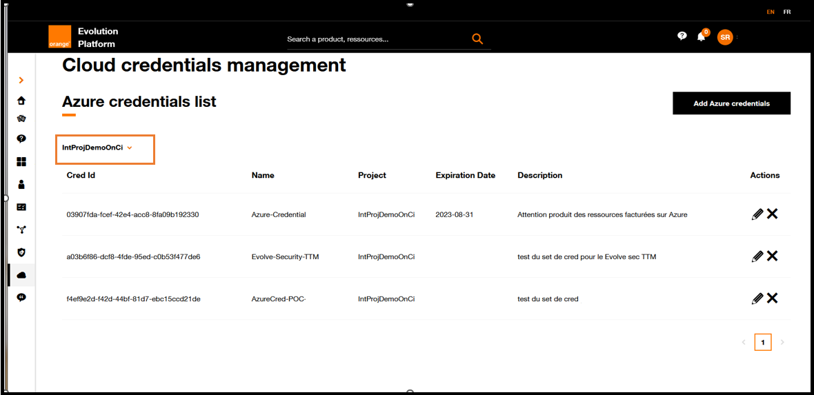 Project selection in credential list