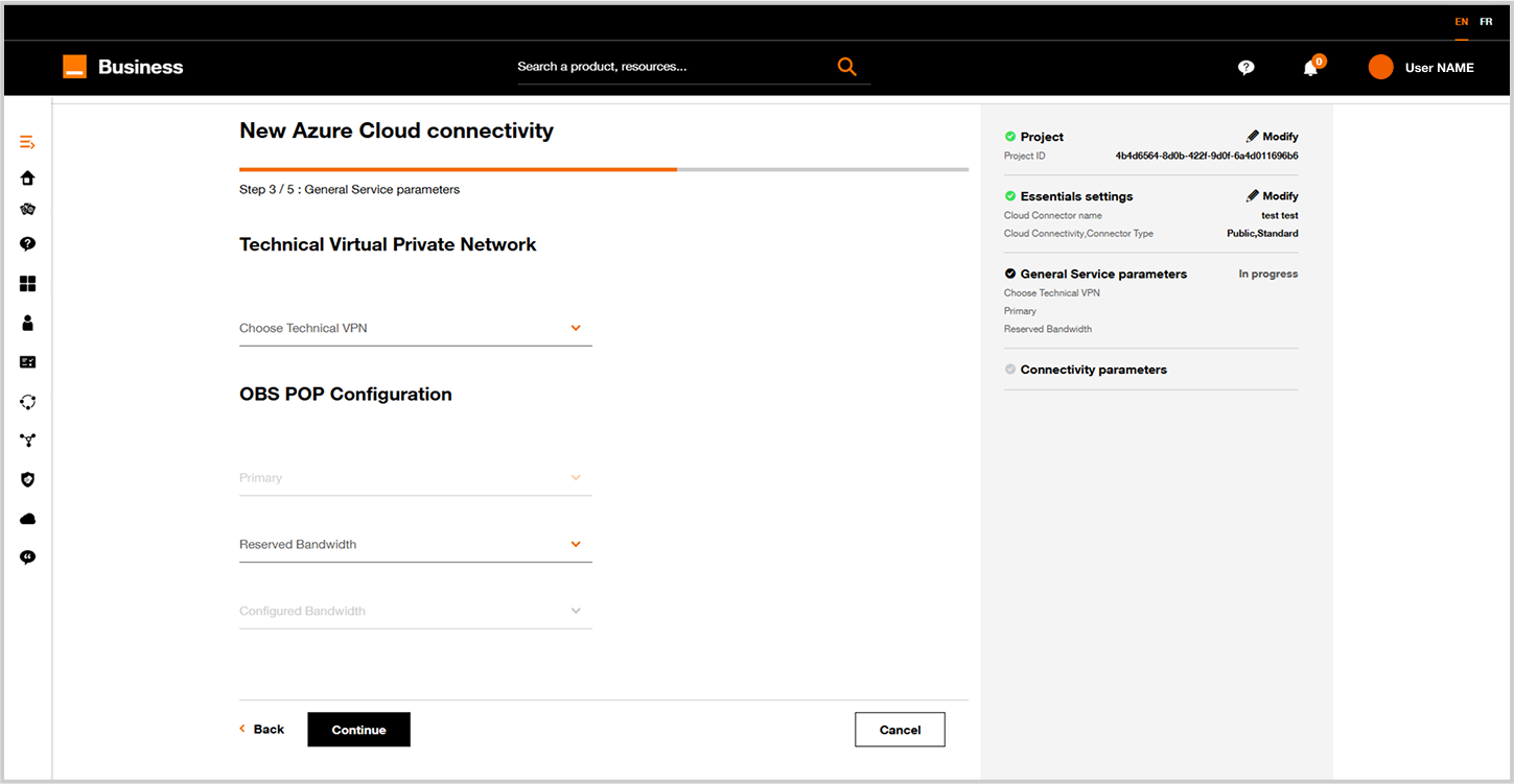 Define the Orange POP and bandwidth settings.